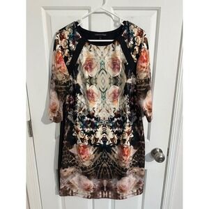 CHRIS McLaughlin Women's Size 12 Black Floral Print 3/4 Sleeve Shift Dress
